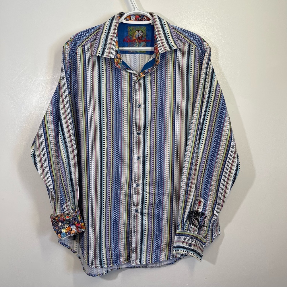 Robert Graham Size Large Button Up Striped Shirt Flip Cuff Day Of The Dead - L